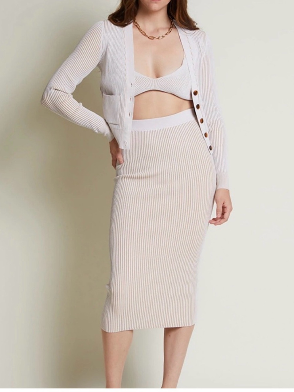 Anine Bing Ribbed Midi Skirt in Cream